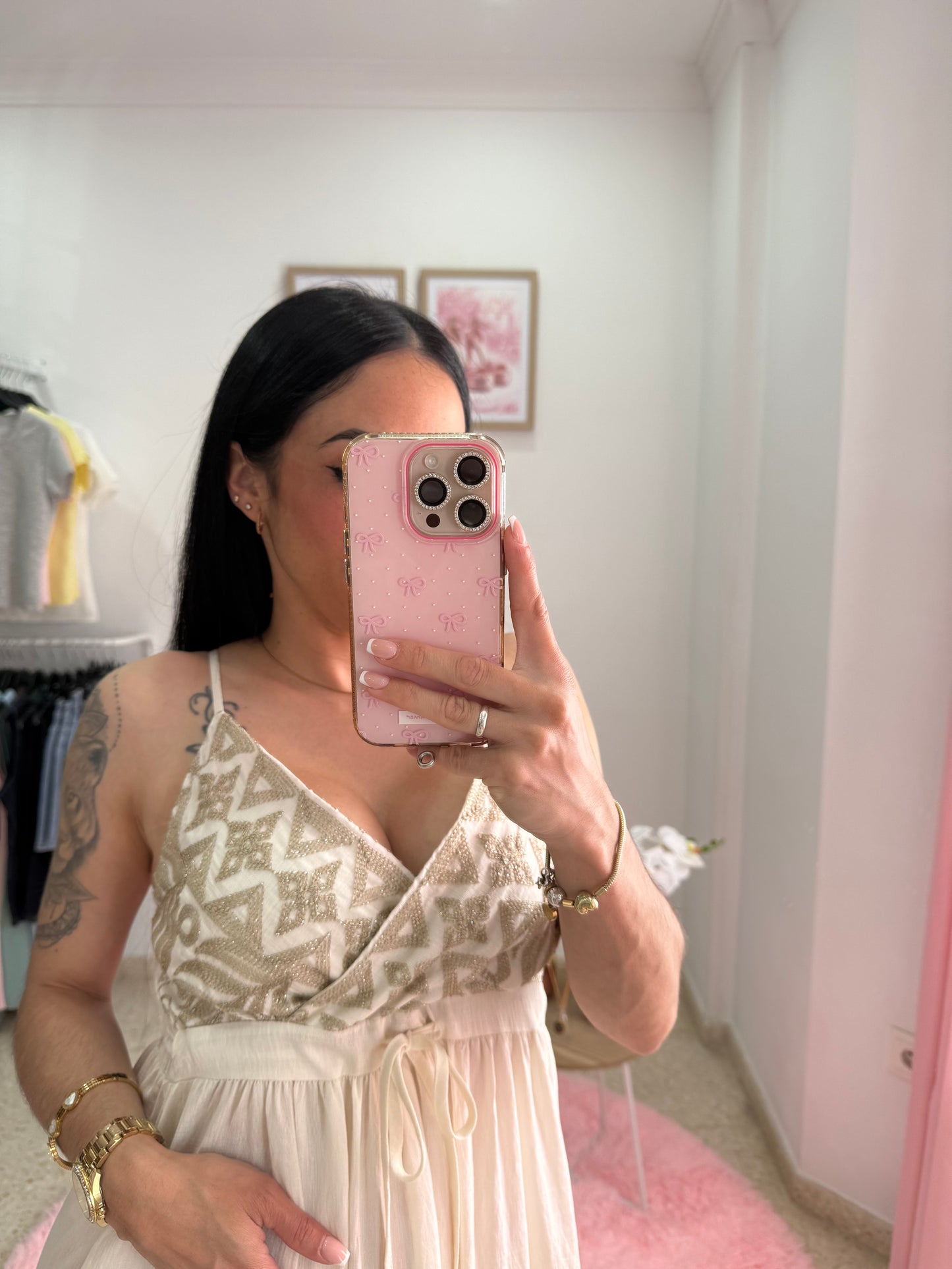 VESTIDO LINO beigh y Dorado