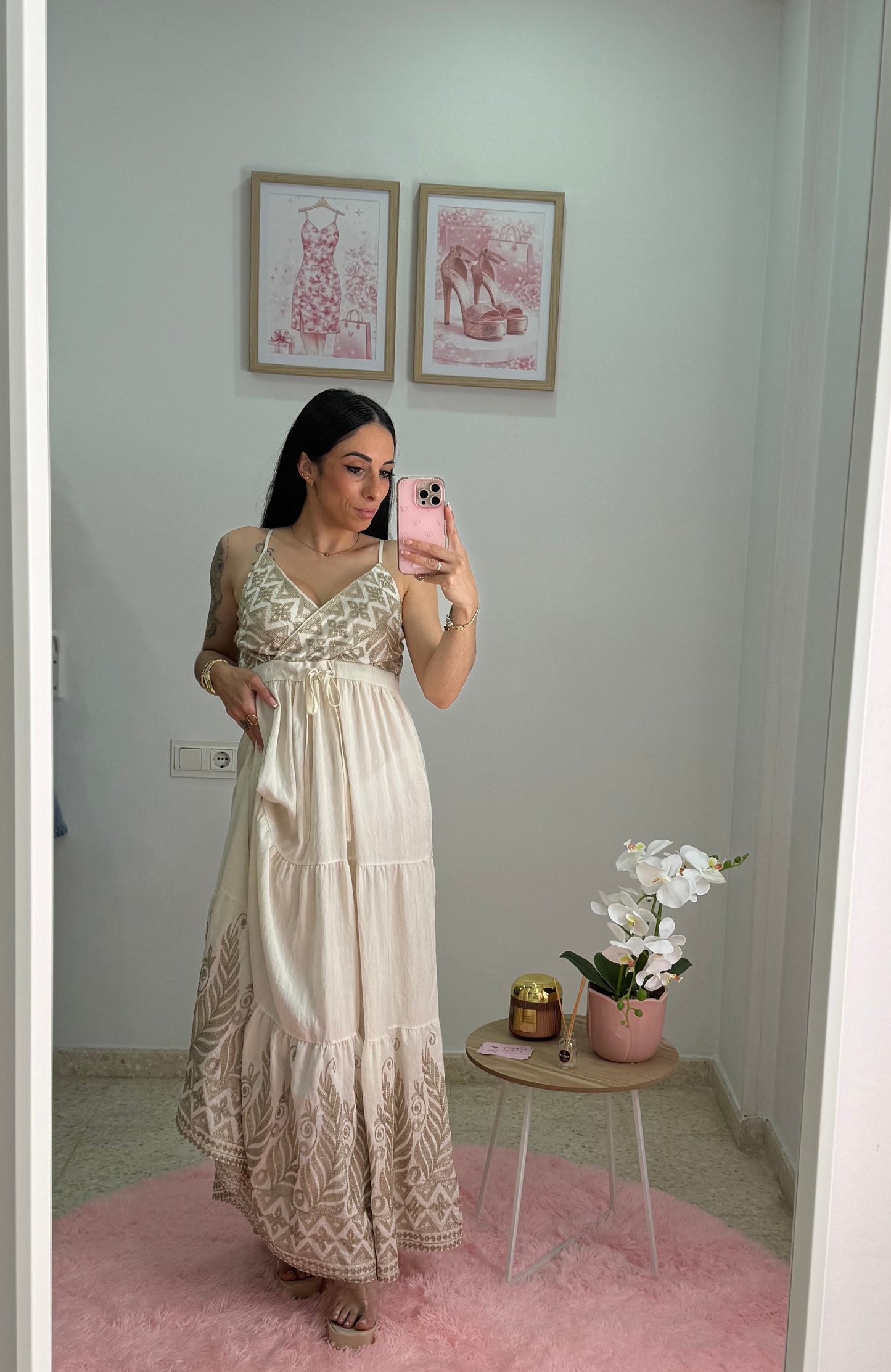 VESTIDO LINO beigh y Dorado
